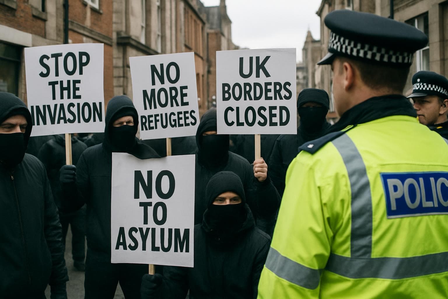 Protesters wearing masks in England and Scotland with police