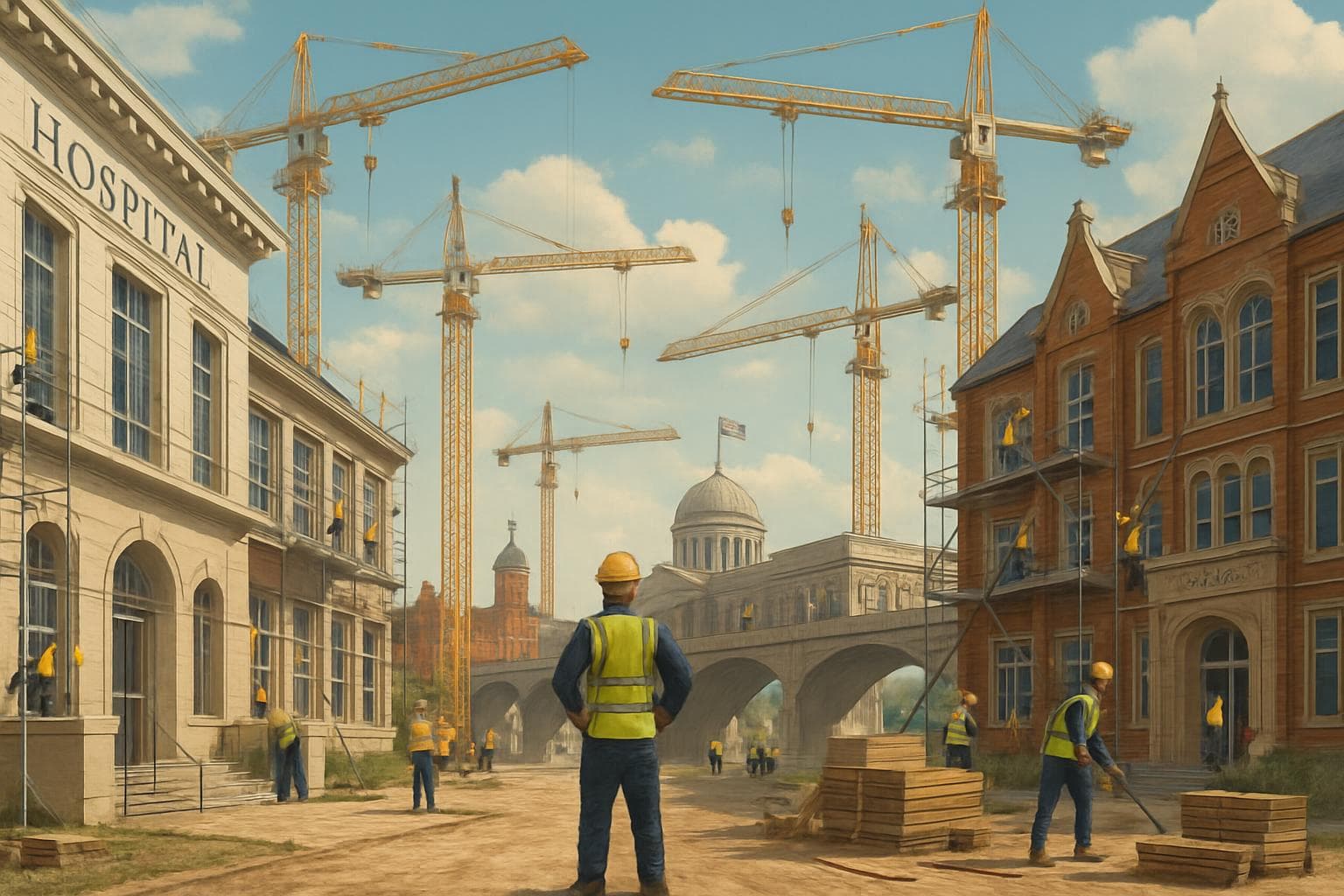 Construction cranes and workers upgrading UK hospitals and schools