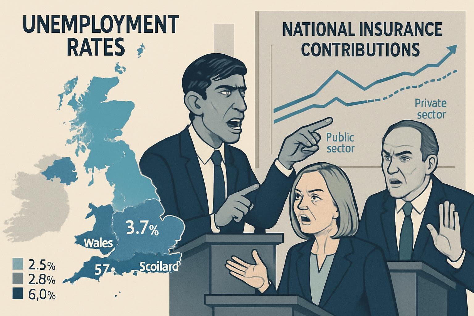 Map of UK with unemployment rates and political figures debating