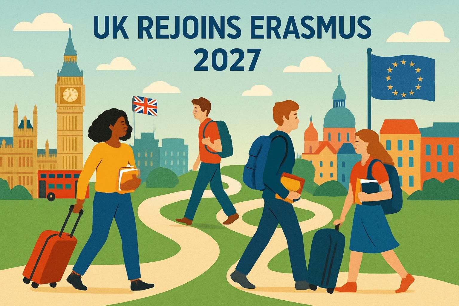 Students with luggage and books in UK and European cityscape