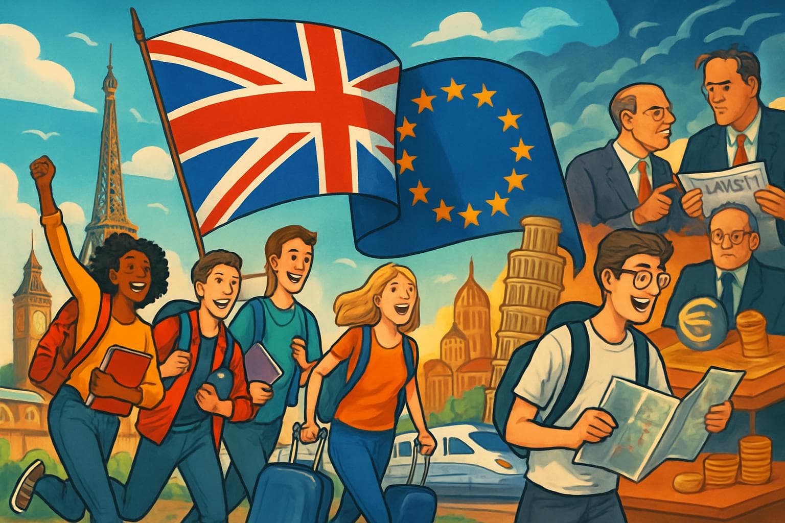 Students joyfully traveling across European landmarks