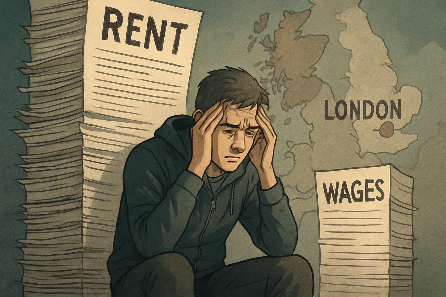 Stressed UK renter with large rent bills and small wages