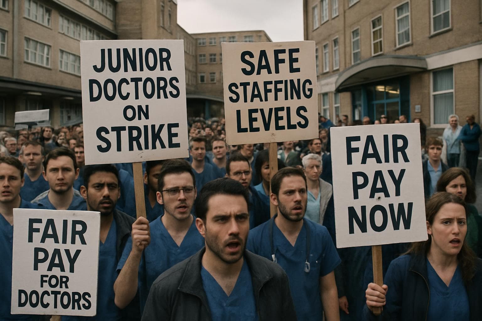 Resident doctors in England holding strike signs for fair pay