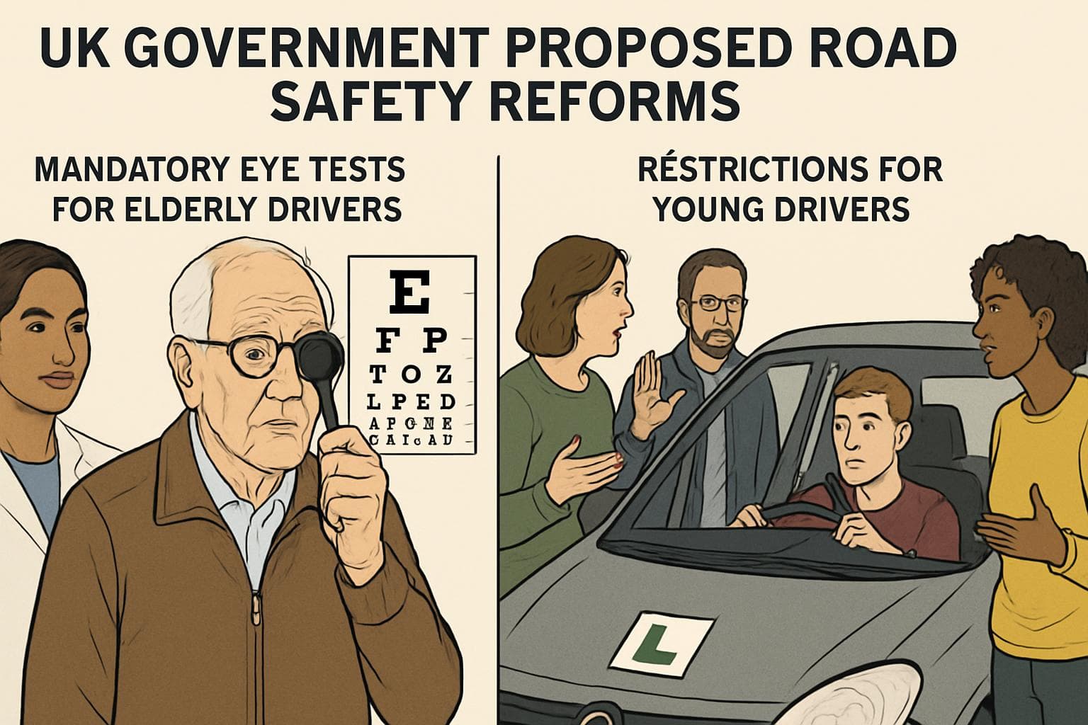 Elderly driver taking eye test with young driver and advocates