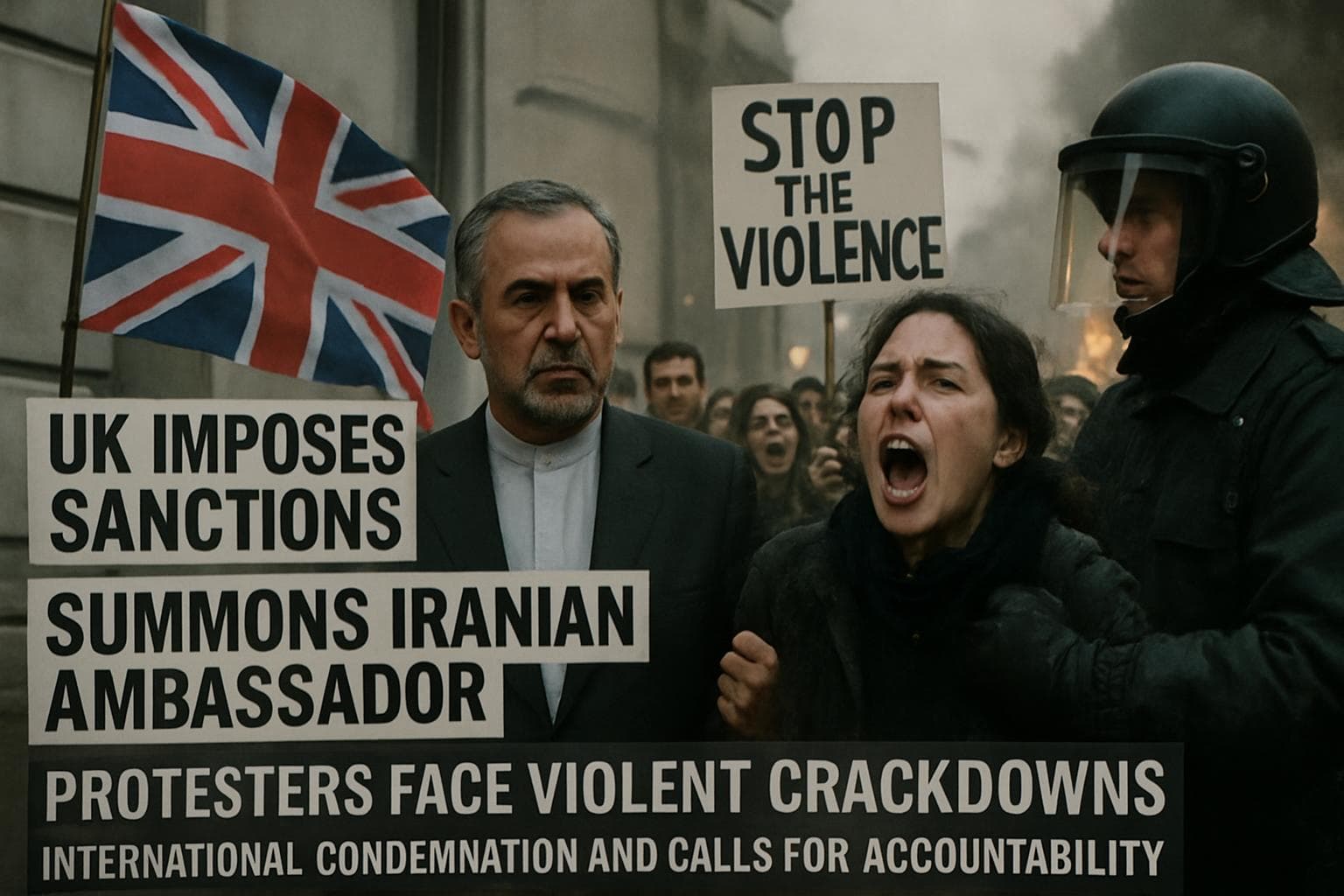 UK flag and Iranian ambassador with protest backdrop