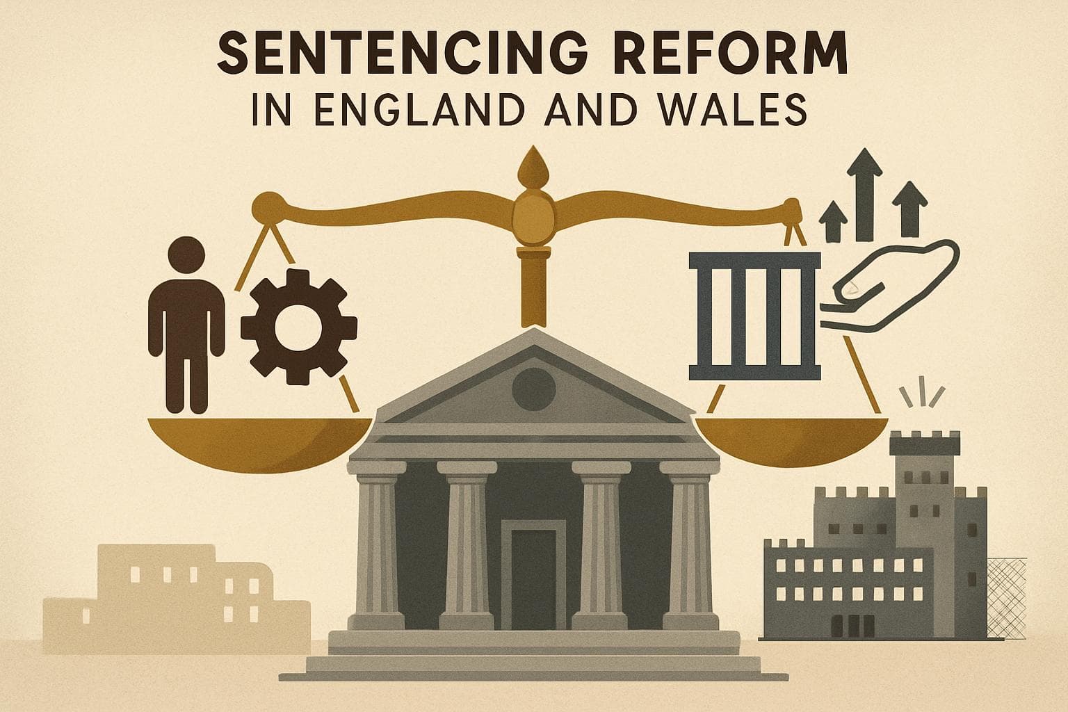 Courthouse balancing community service symbols and prison bars