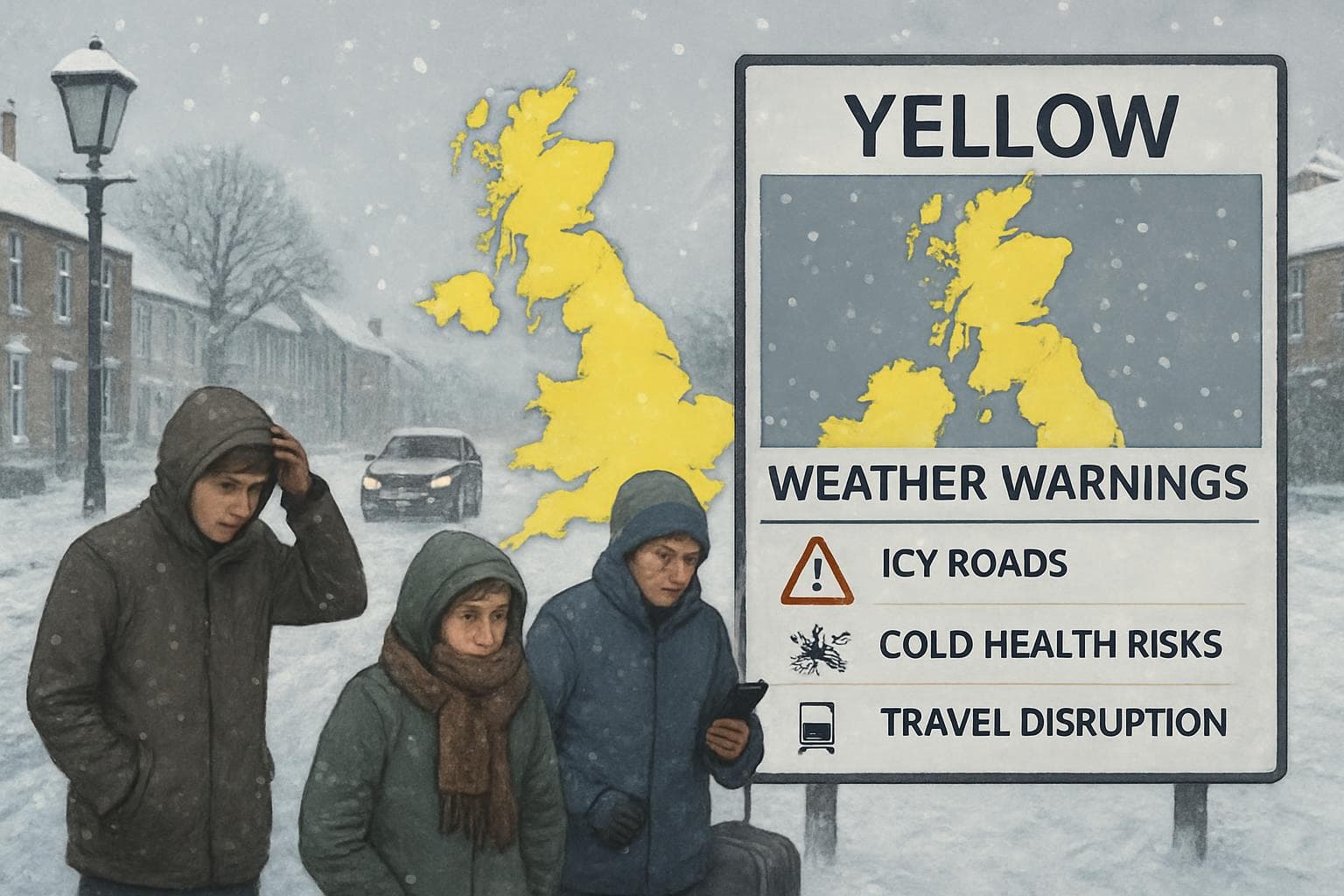 Snow-covered UK with yellow weather warnings for Scotland and England