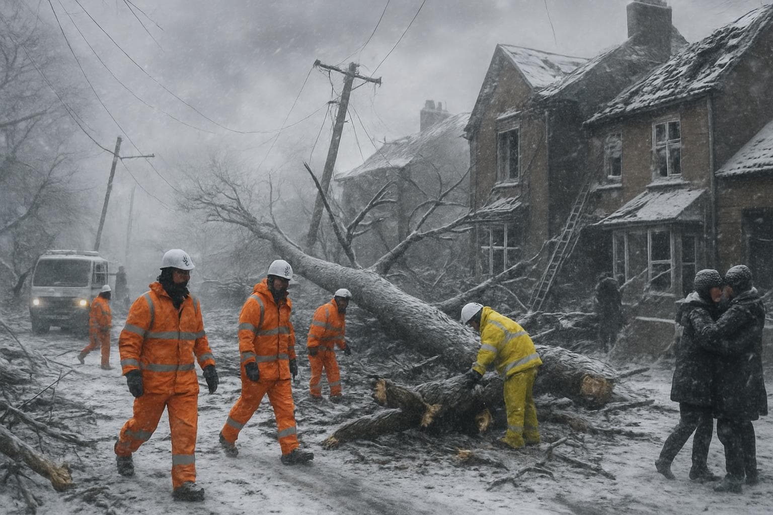 Snowy UK landscape with fallen trees and damaged homes