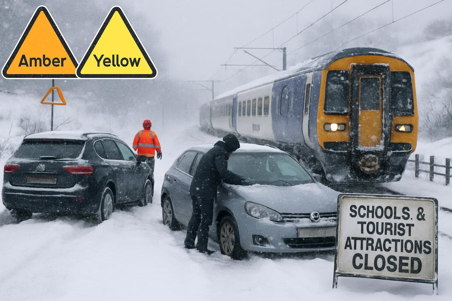 Snow-covered UK landscape with stuck cars and delayed trains