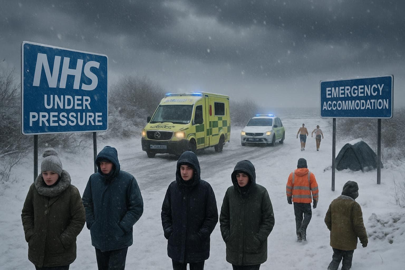 Snowy UK landscape with emergency vehicles and NHS signs
