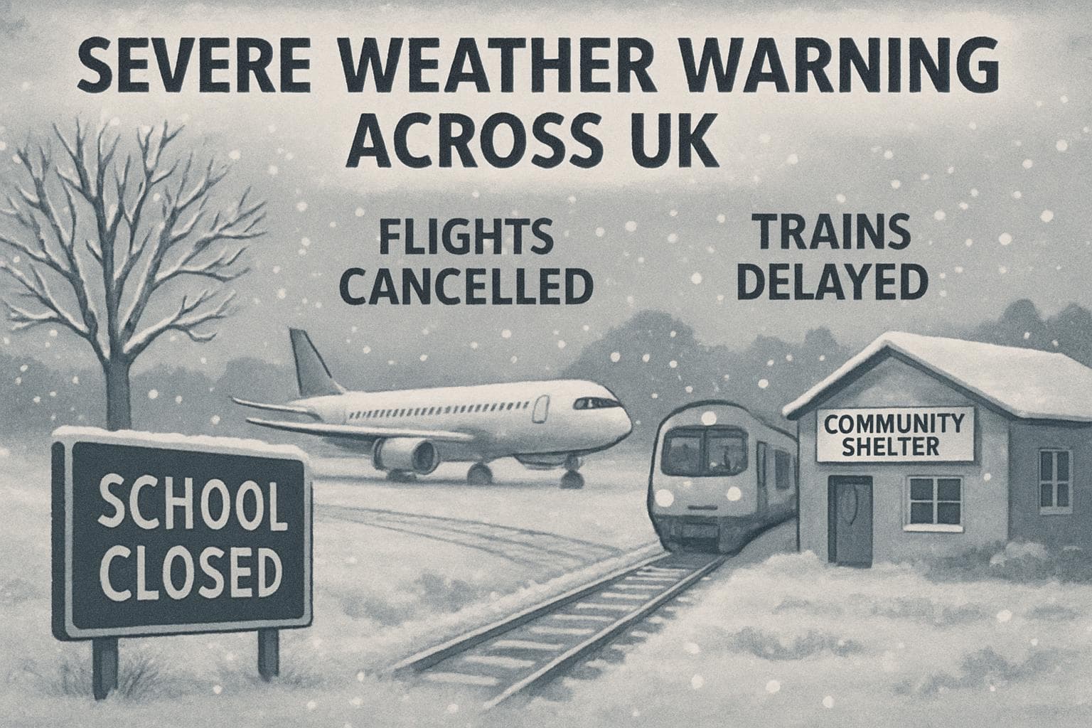 Snow-covered UK landscape with closed schools and delayed transport