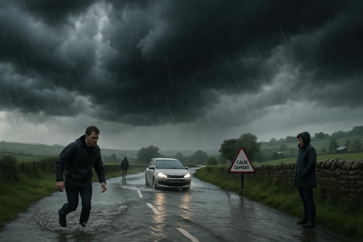 Dark storm clouds and flooding roads in the UK