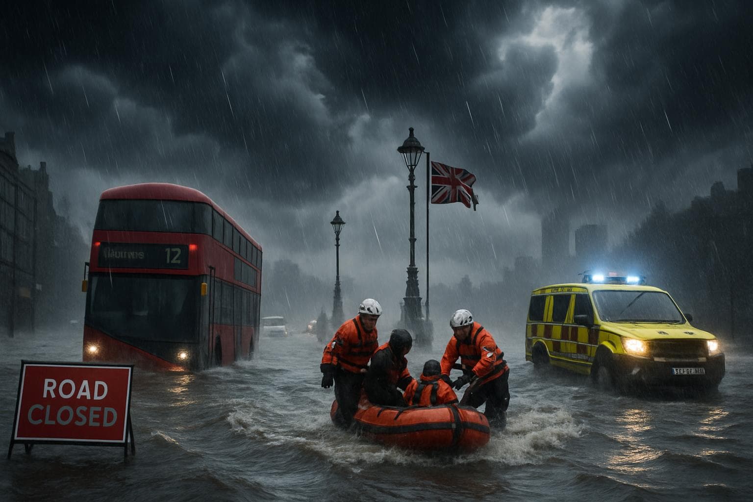 Storm with dark clouds and flooded streets in the UK