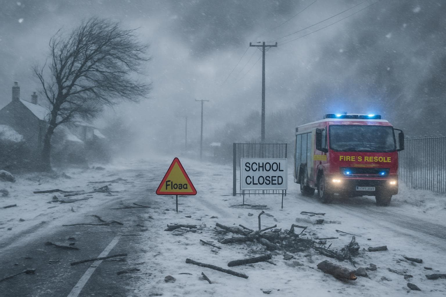 Storm with strong winds and snow in the UK causing power outages
