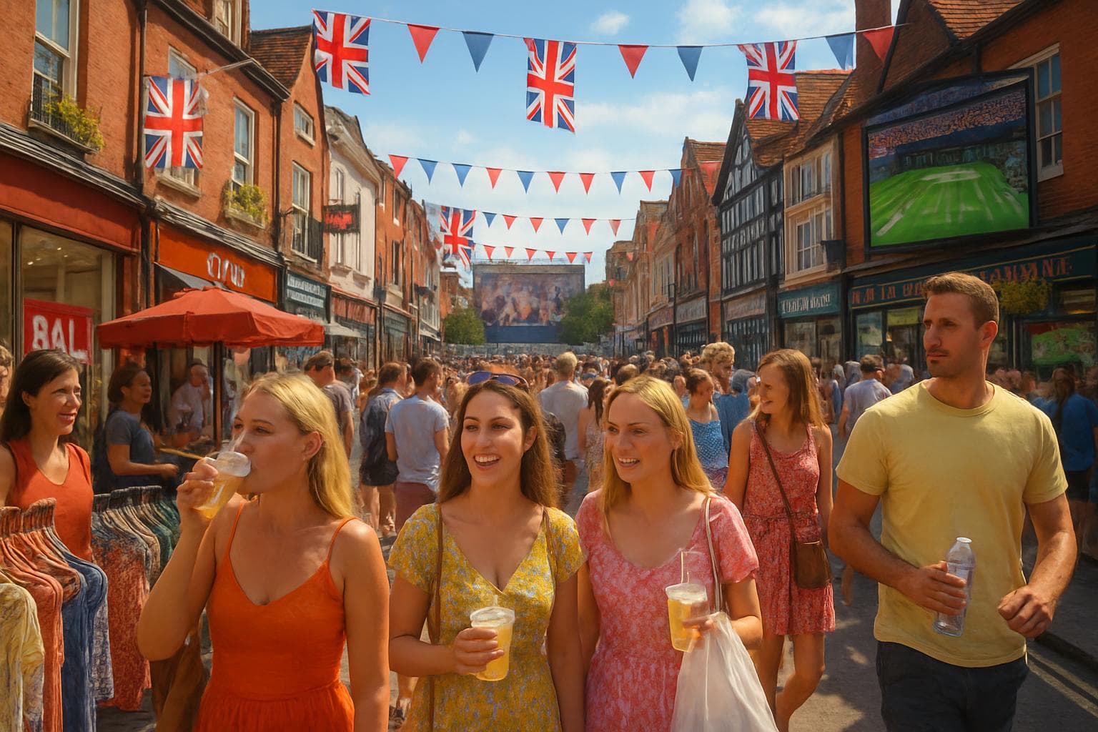 Busy UK street with shoppers in summer clothing