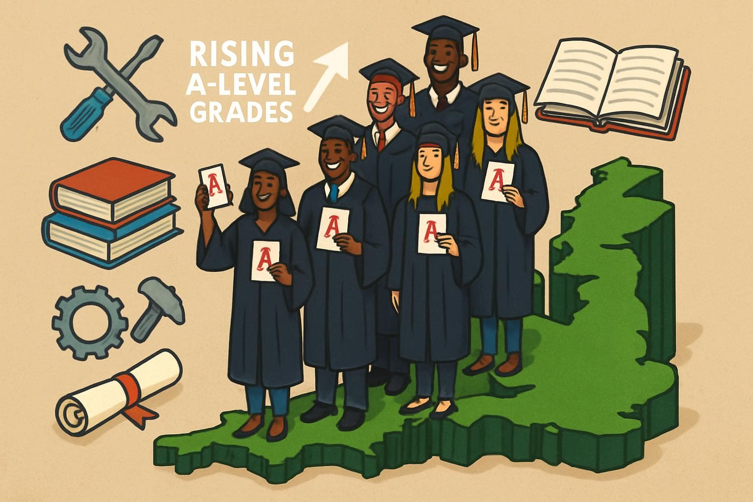 Diverse UK students in graduation attire on UK map