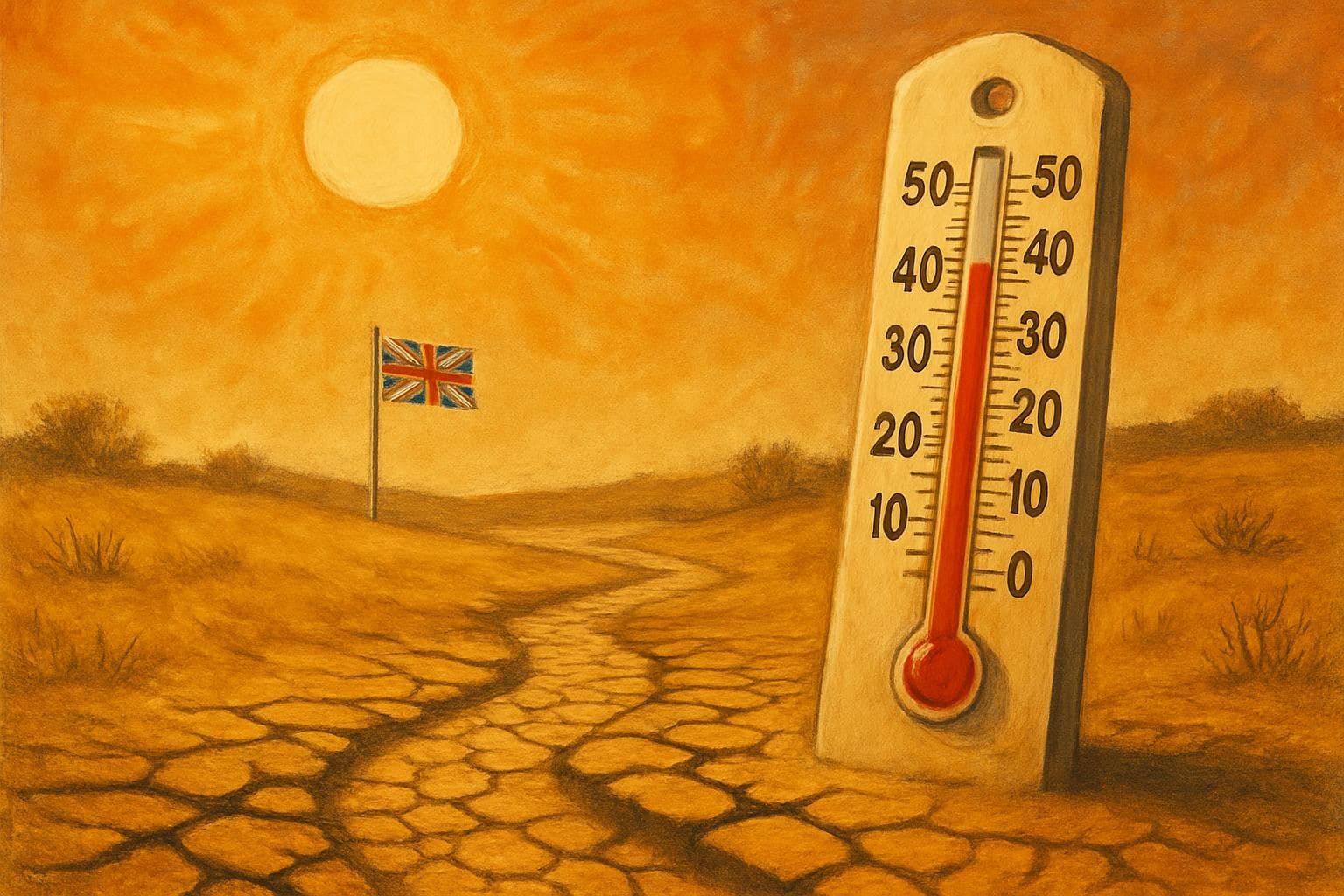Thermometer showing high temperatures in dry UK landscape