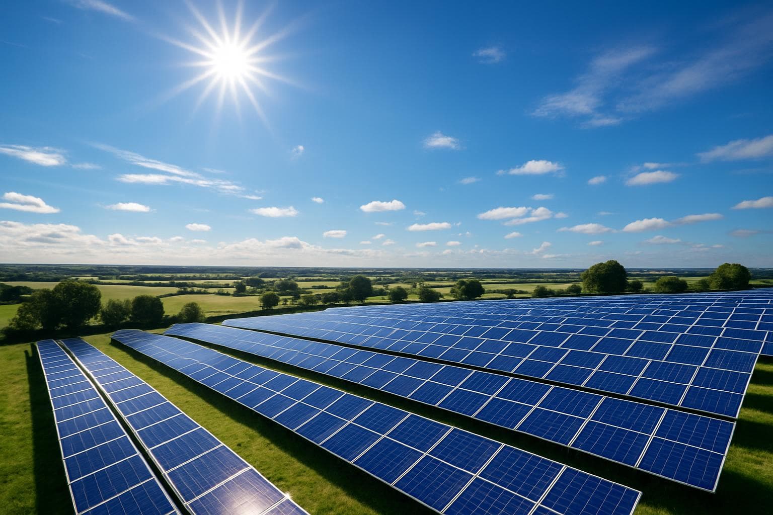 Clear skies over the UK with solar panels in view