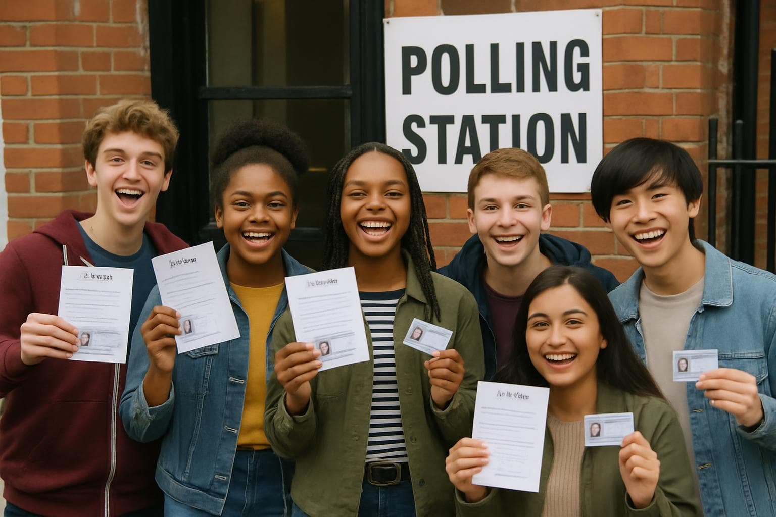 Diverse group of 16-year-old voters outside UK polling station