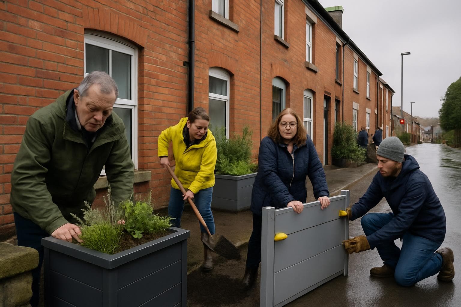 Residents in a UK town preparing flood defenses
