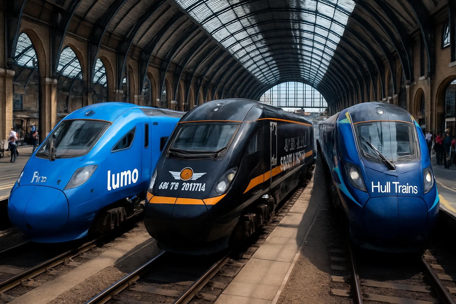 Modern trains from Lumo, Grand Central, and Hull Trains at a busy UK station
