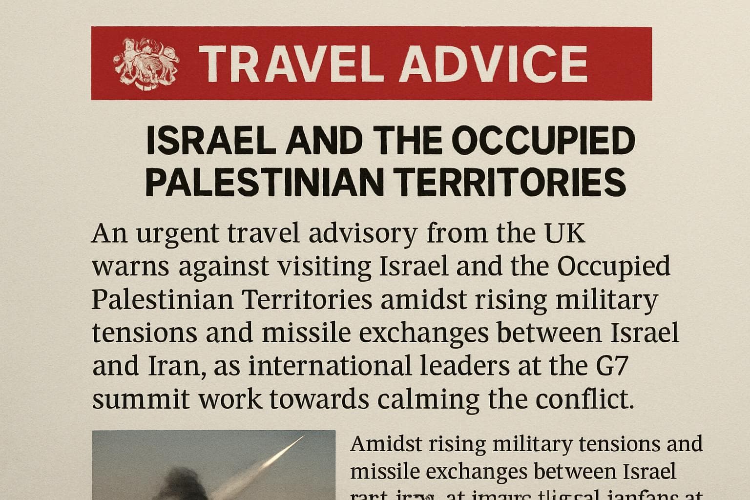 UK travel advisory warning against visiting Israel and Palestinian Territories