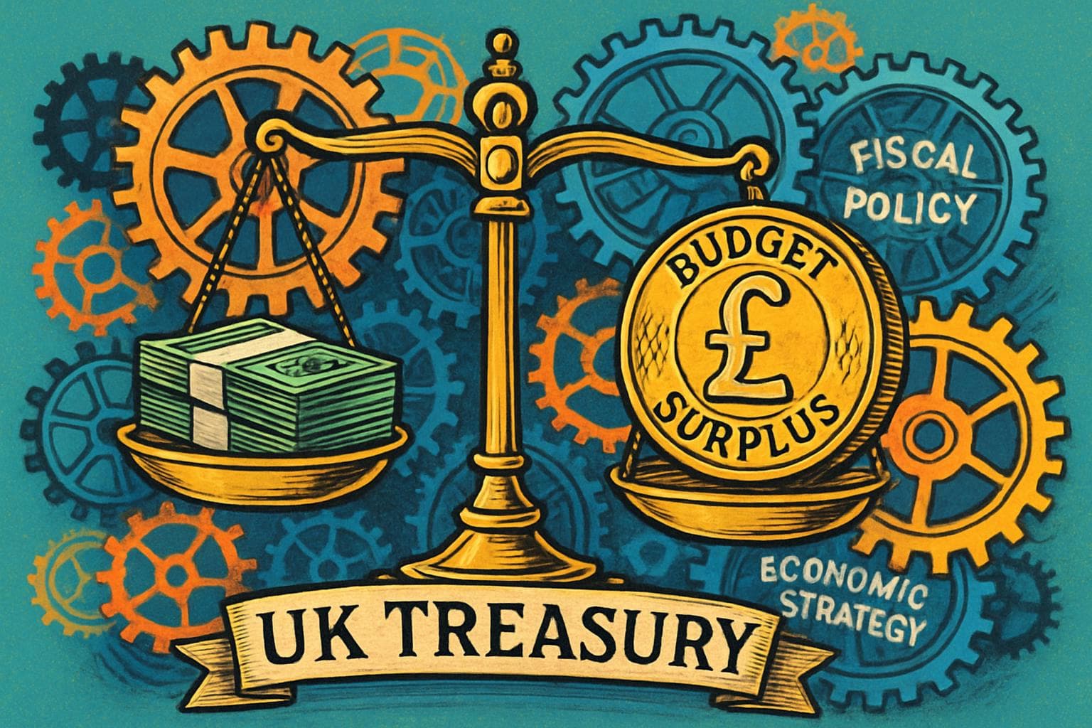 UK treasury scales tipped by budget surplus with gears
