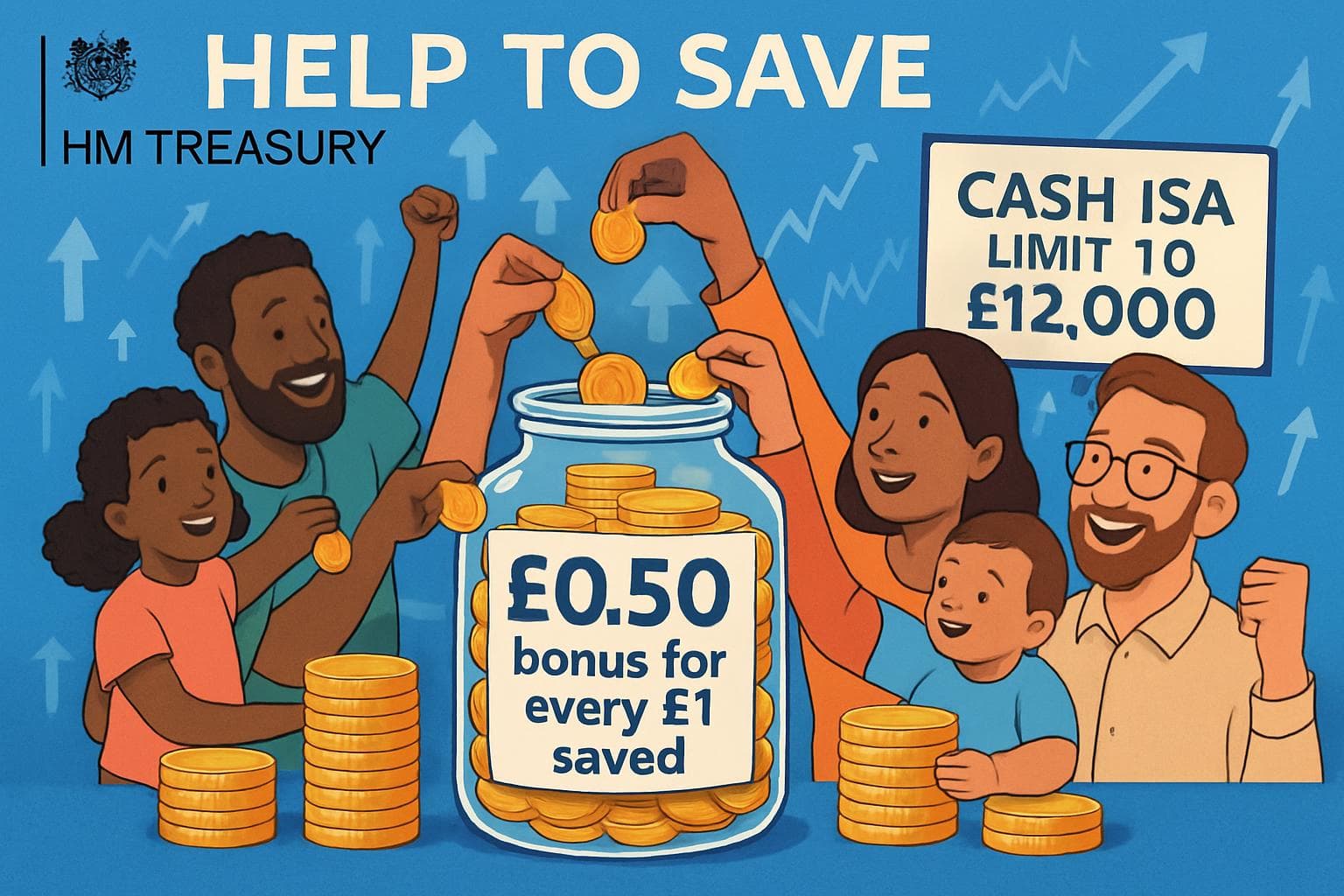 Diverse group celebrating with savings jar and coins