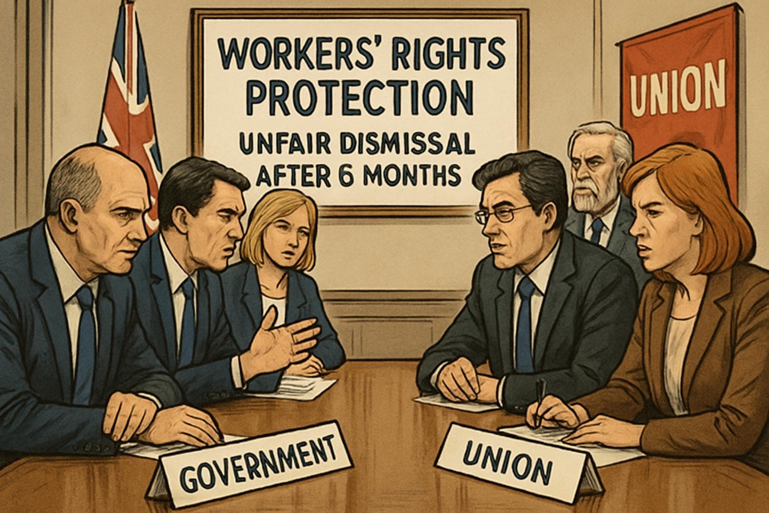 Meeting room with government and union representatives discussing