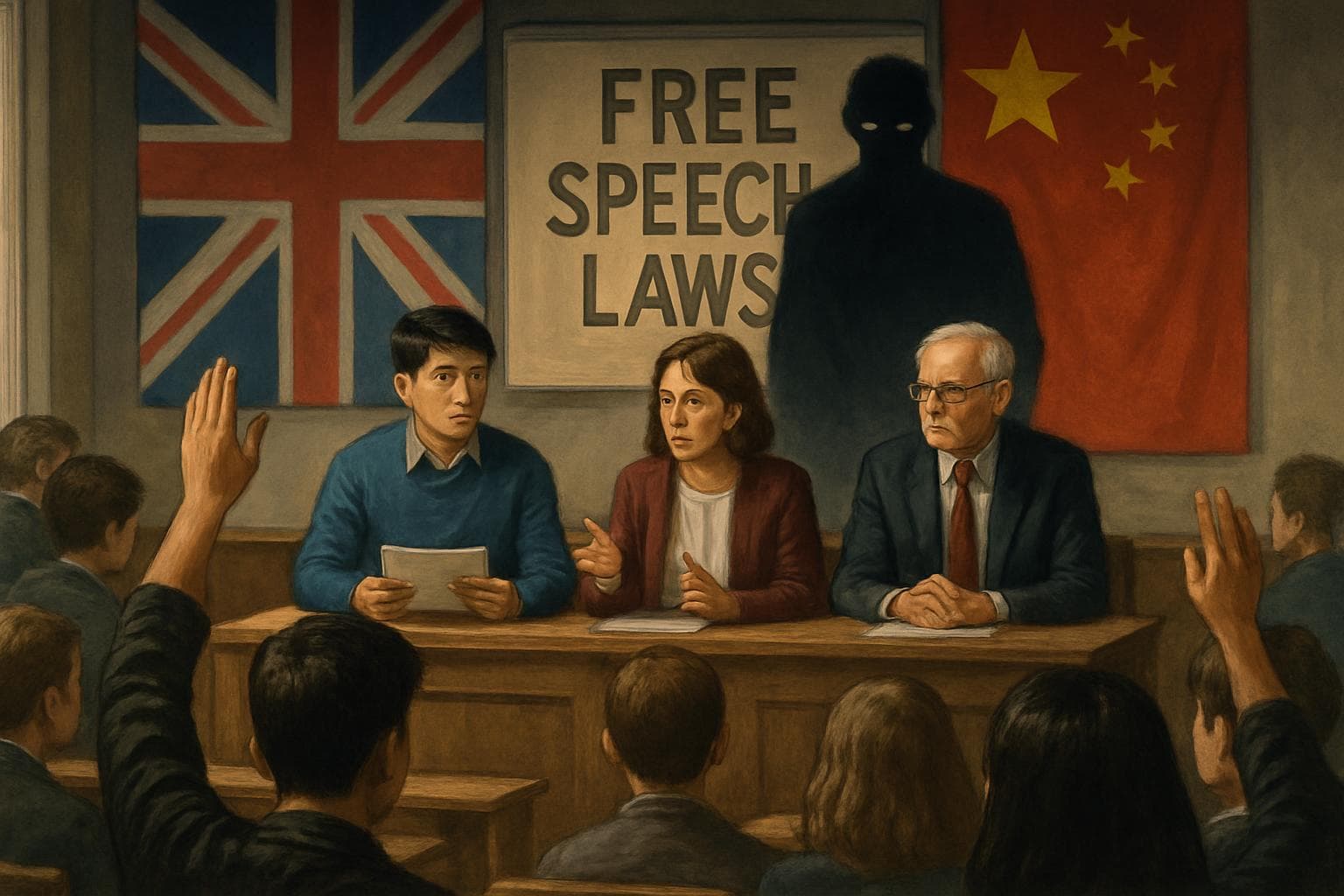 UK university with Chinese students and flags backdrop