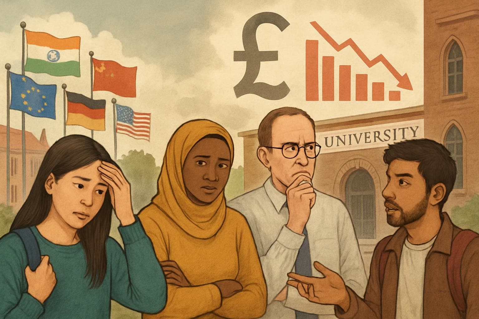 International students and faculty at a UK university discussing finances