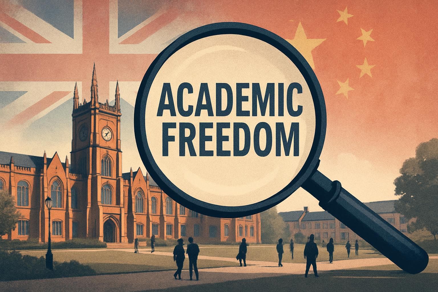 UK university campus with magnifying glass symbol overhead