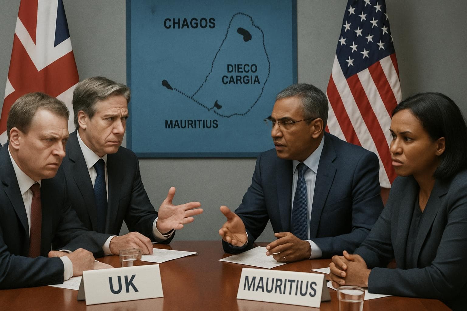 UK and US flags with Chagos Islands map