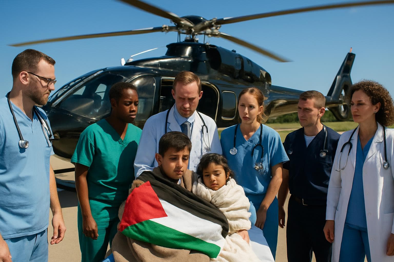 Healthcare workers around a helicopter preparing to transport children