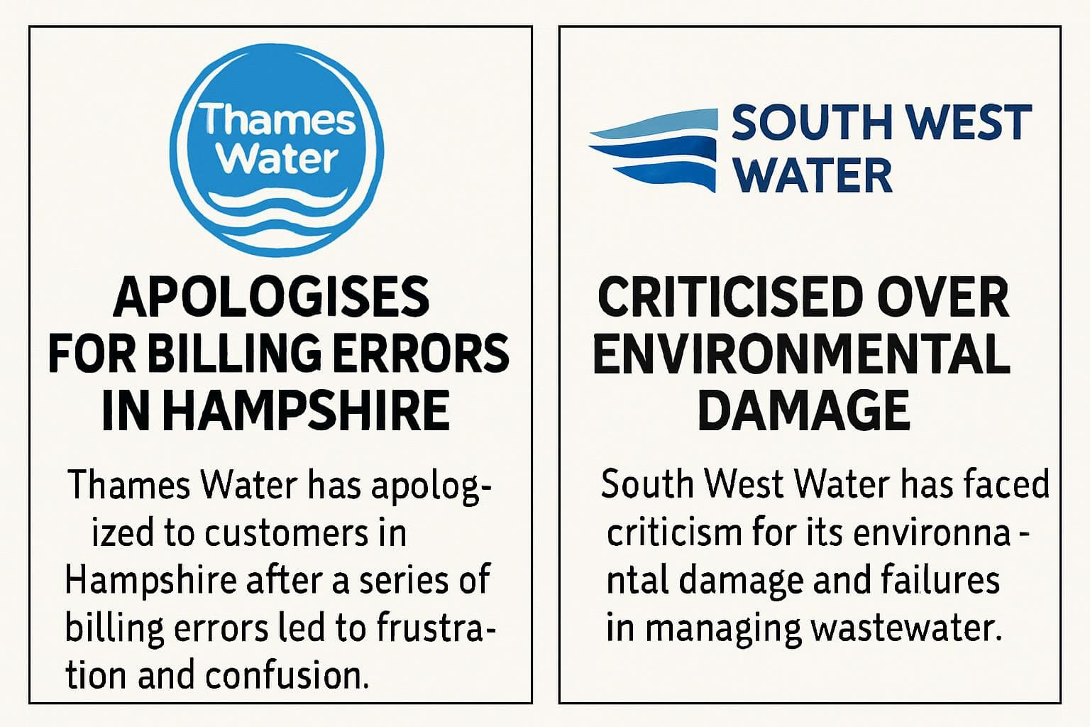 Thames Water and South West Water logos with critical headlines