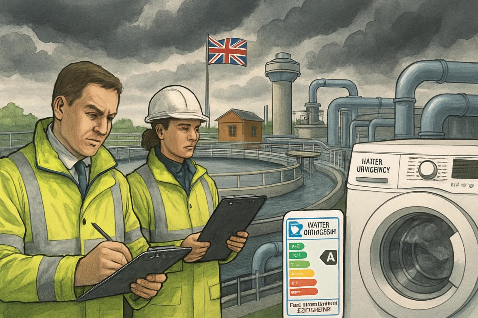 Inspectors examining water infrastructure with efficiency labels