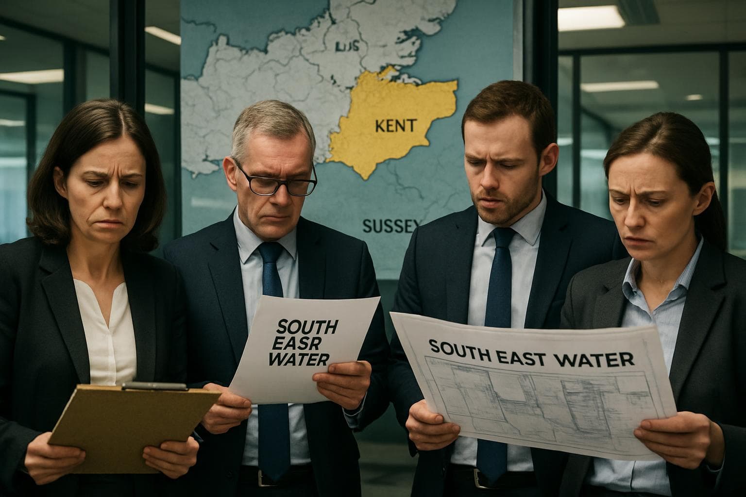 Officials examining documents and blueprints in office