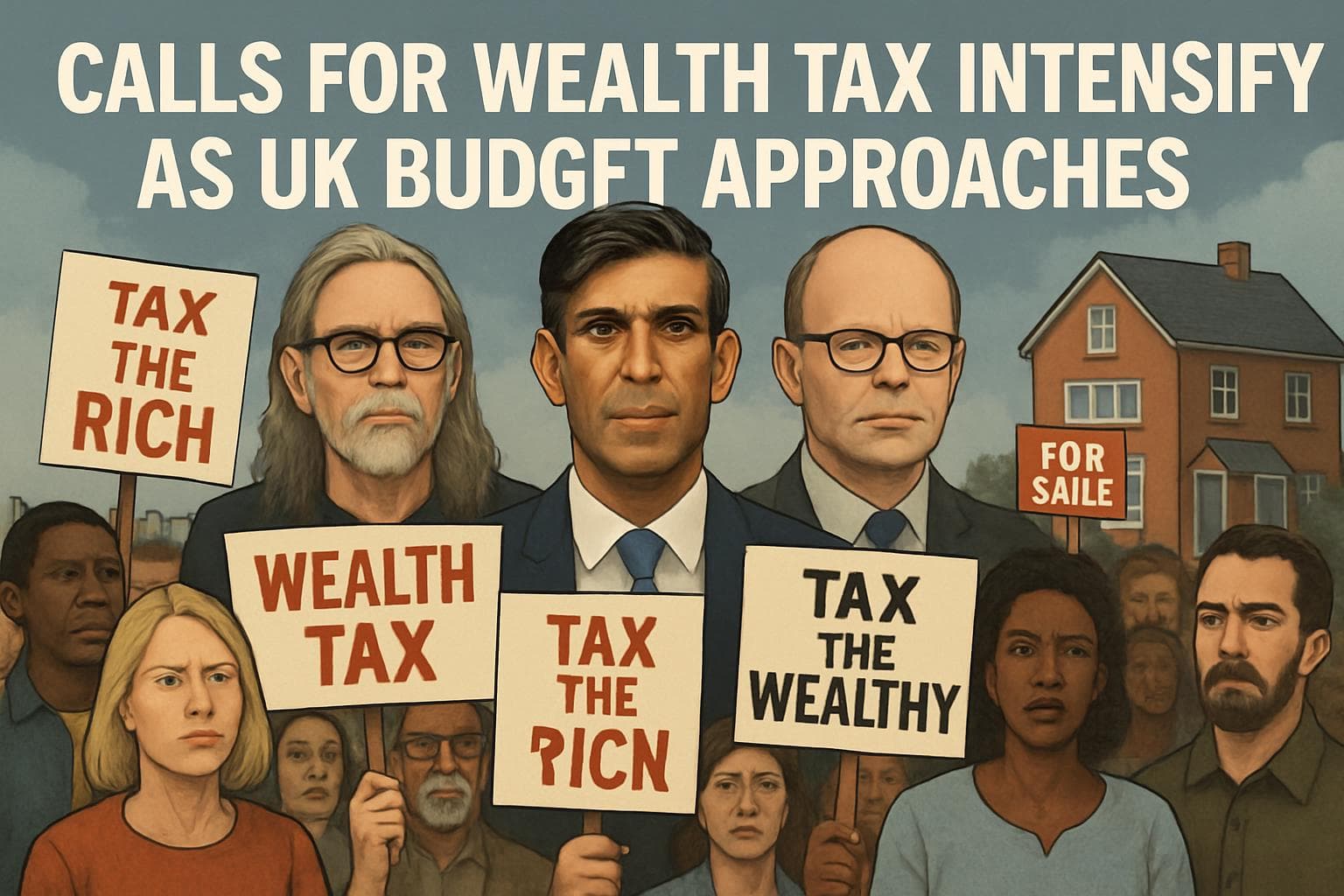 Diverse crowd holding signs for wealth tax in UK
