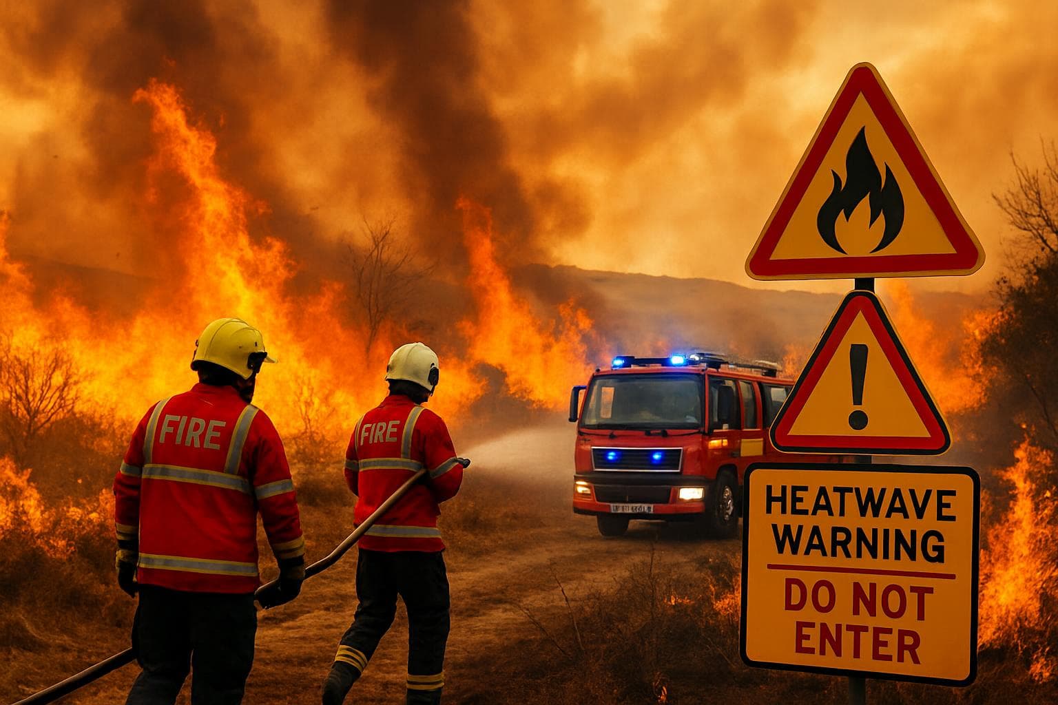 UK landscape with wildfires and emergency crews during heatwave