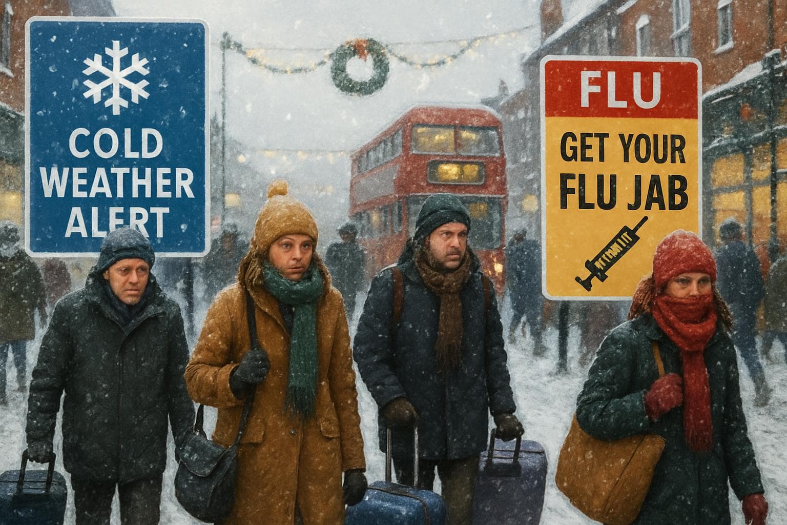 People in winter clothes on UK streets with cold weather signs