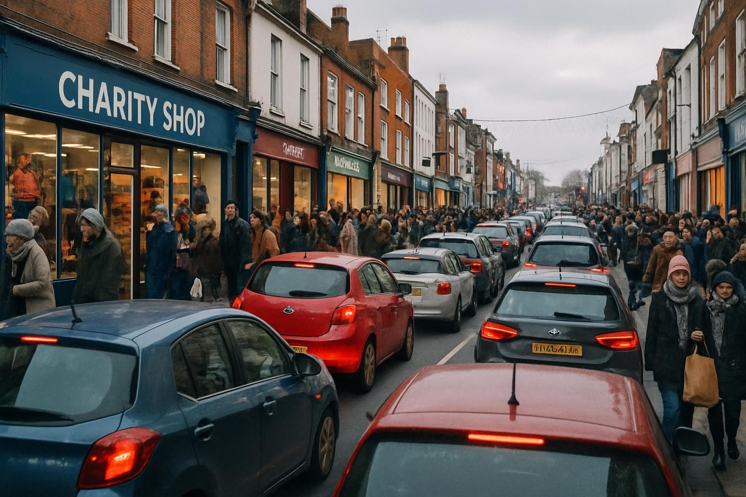 Busy UK streets with holiday shoppers and congested roads