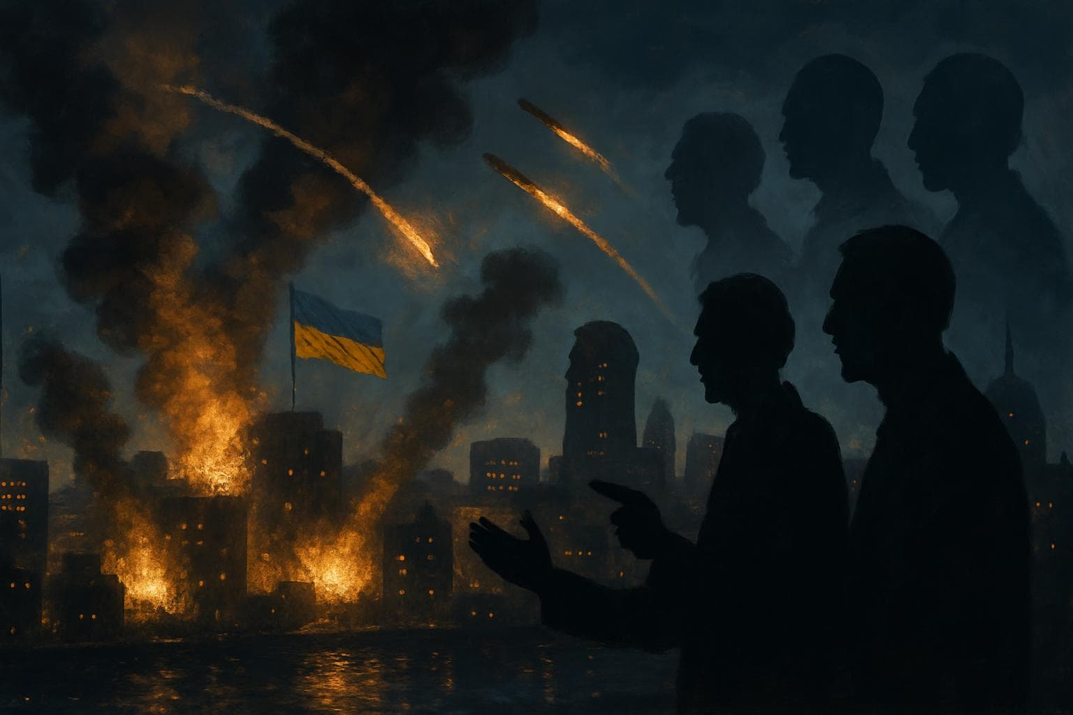Nighttime city skyline in Ukraine with explosions and smoke