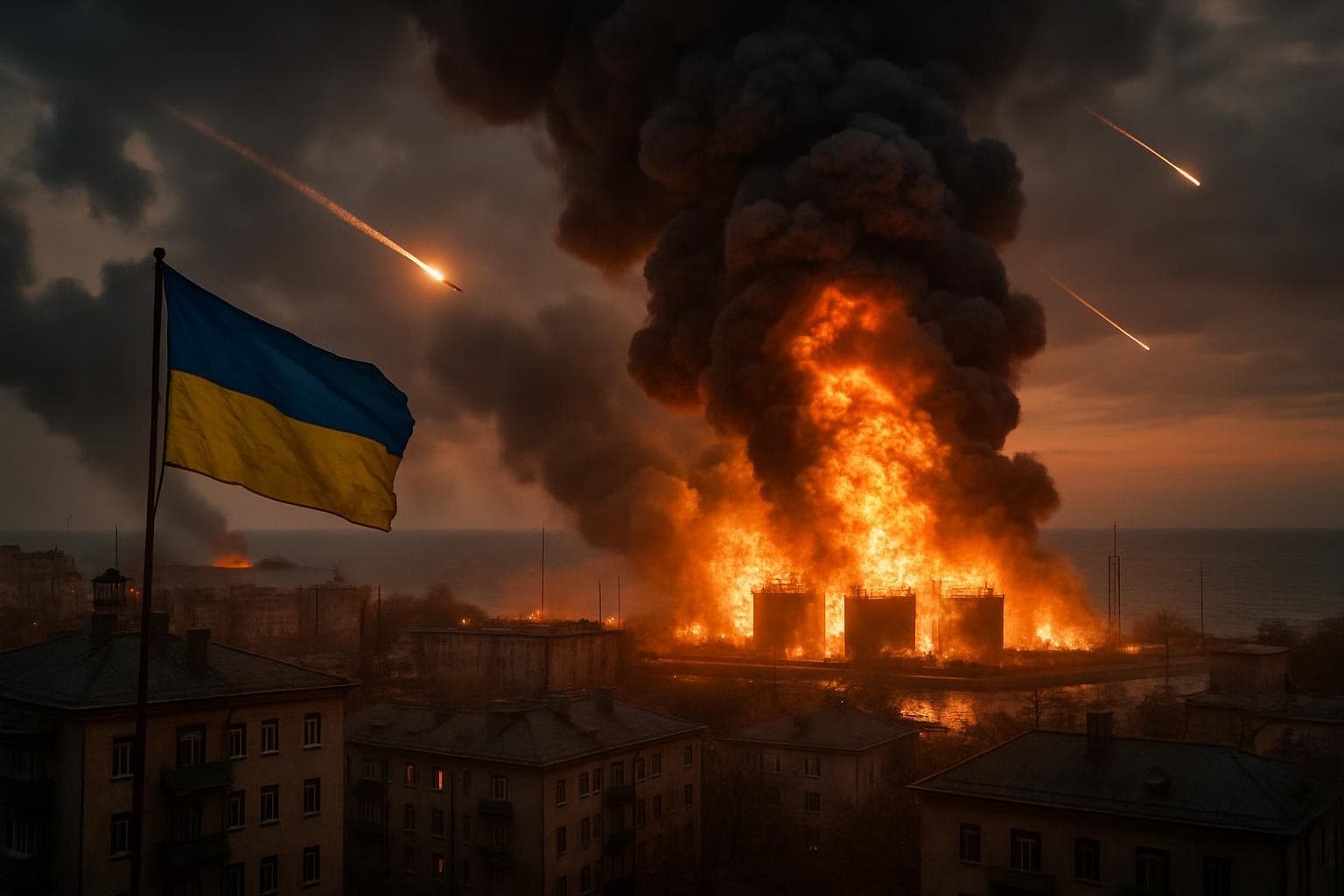 Smoke rising over a Ukrainian city and oil depot near Black Sea