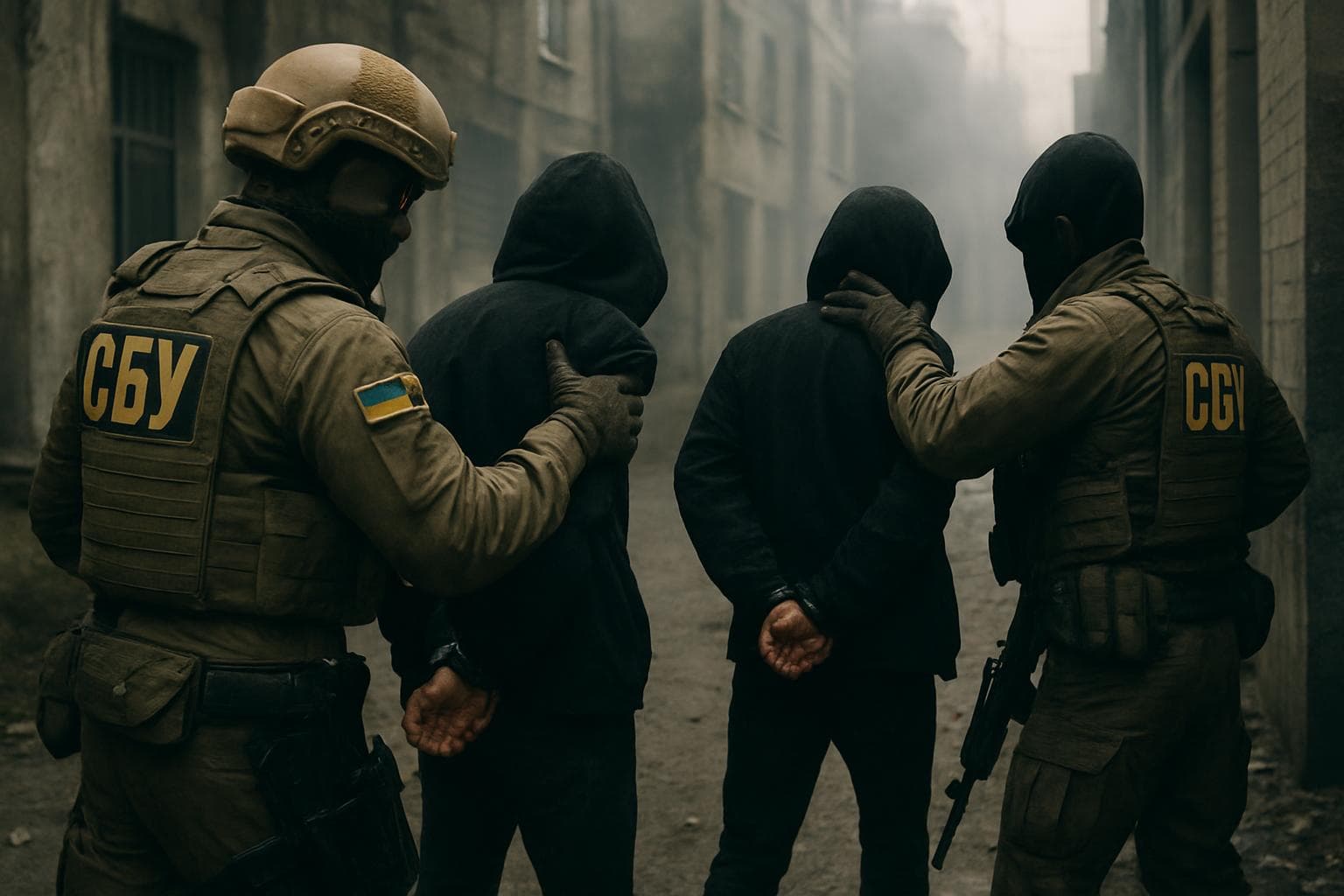 Ukrainian agents arresting two figures in a city environment