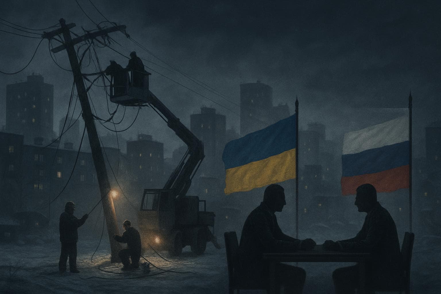 Ukrainian city skyline with repair crews and peace negotiators