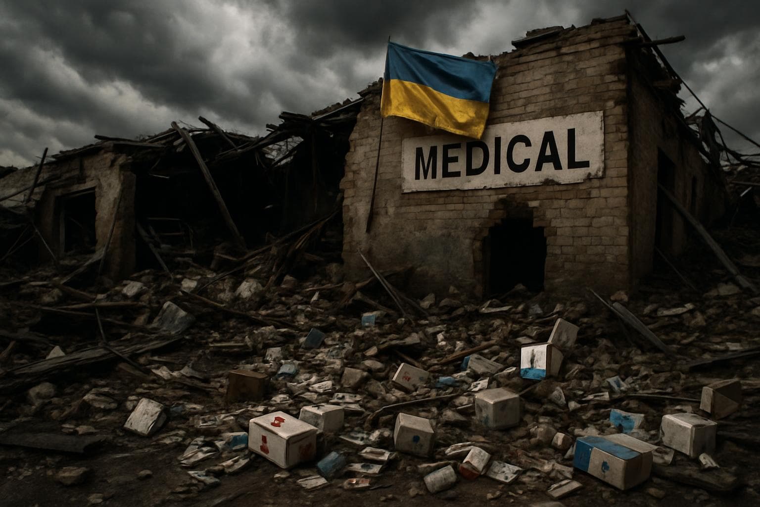 Destroyed Ukrainian medical warehouse with debris and ruined supplies
