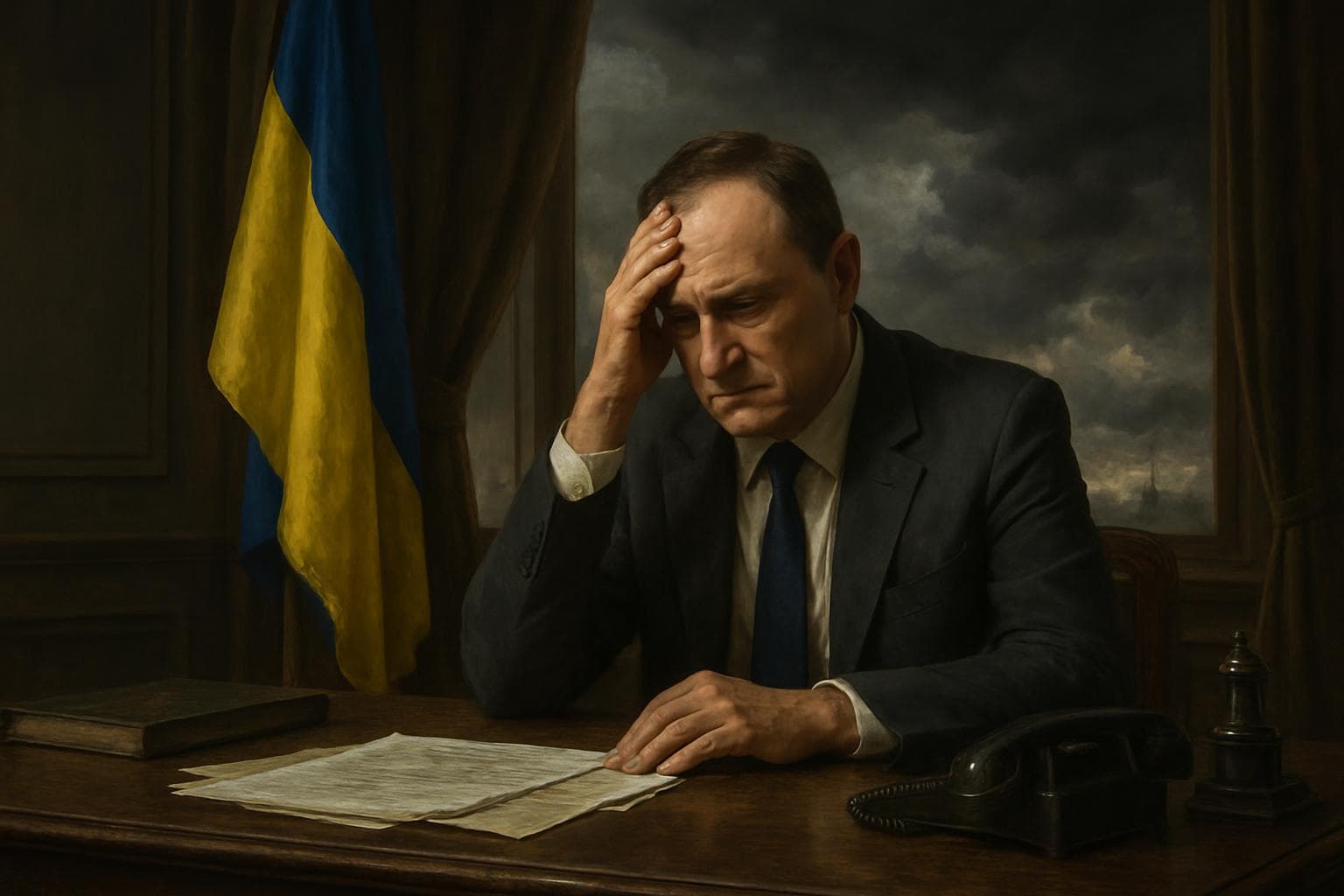 Ukrainian office with stormy skies backdrop