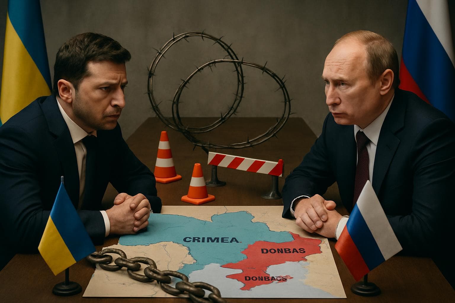 Ukrainian and Russian leaders at negotiation table with map