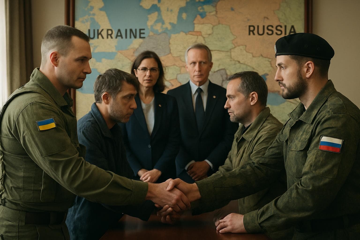 Ukrainian and Russian officials in a room with US mediators