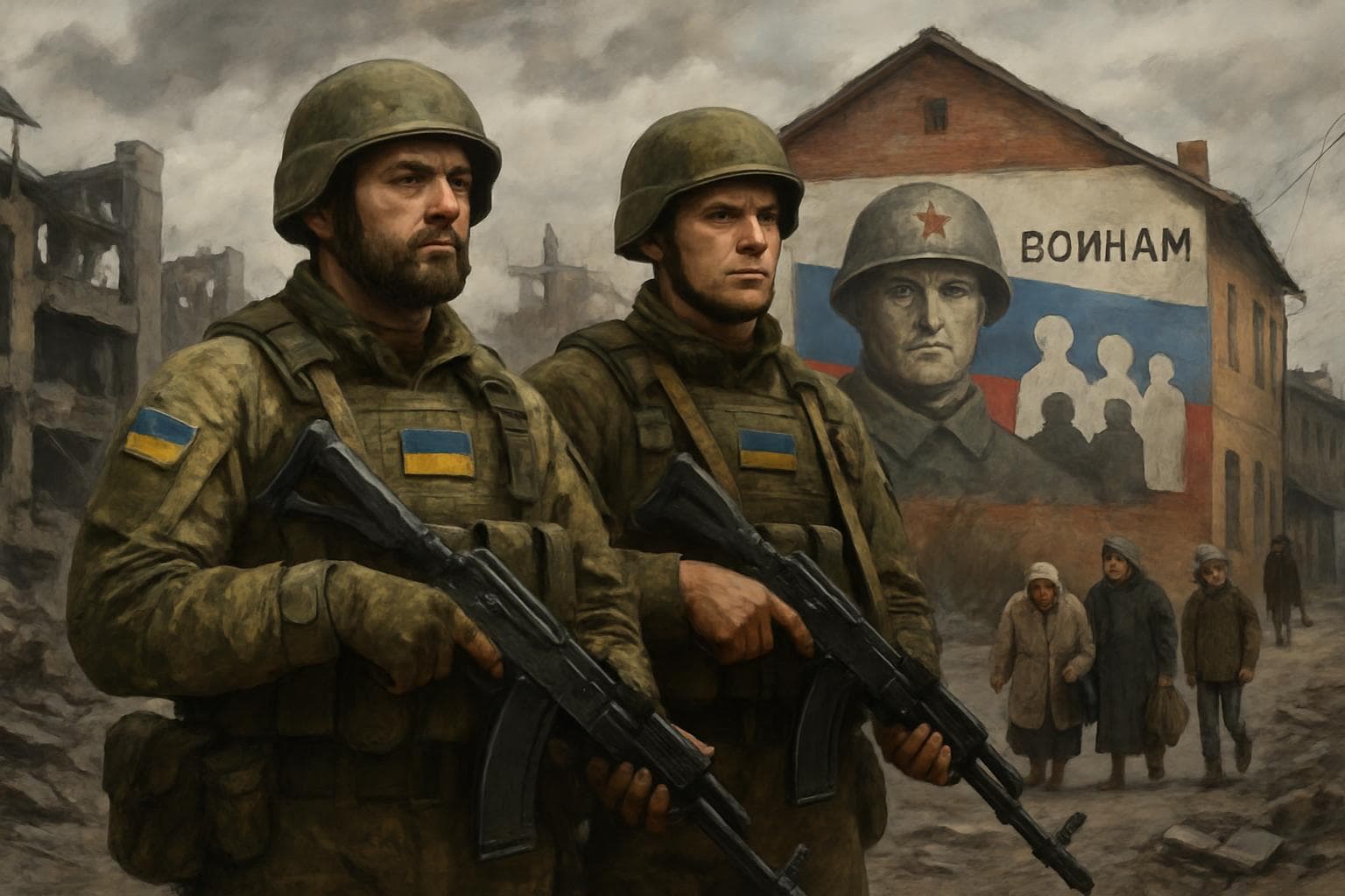 Ukrainian soldiers standing strong with destroyed buildings in background